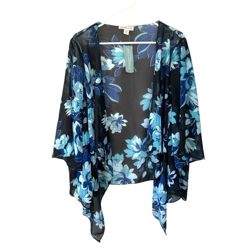 Coldwater Creek Blue and Black Floral Sheer Jacket Size Petite Large